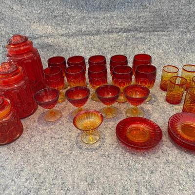 Amberina Glassware Collection – Canisters, Goblets, Sherbet Dishes, Tumblers & Plates | 28 Pieces