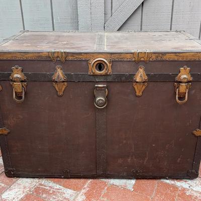 Large Antique Yale Steamer Trunk | Brass Hardware & Locking Mechanism
