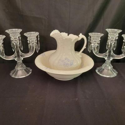 Antique Dresden Pitcher & Wash Basin with Blue Floral Motif + Crystal Candelabras