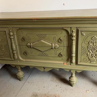 Vintage Jacobean Style Buffet Sideboard | Carved Wood Detail & Green Painted Finish
