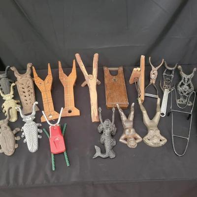 Novelty Boot Jacks & Cast Iron Lot – Figural Mermaid, Pin-Up, Frogs, Insects & Rustic Western Styles