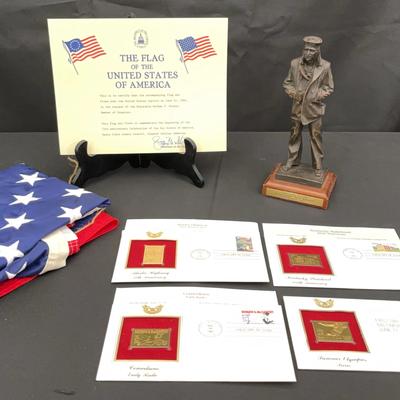 Patriotic Lot – U.S. Flag with Certificate, The Lone Sailor Statue & Commemorative Stamp Covers