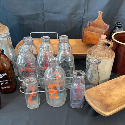 Vintage Milk Bottles, Dough Bowls,Stoneware Whiskey Jugs & Glassware Collection