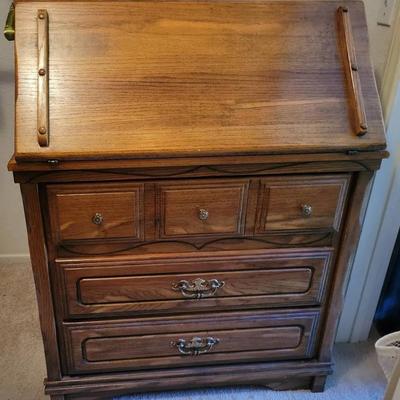 Vintage Wood Secretary Desk with Drop-Front Writing Surface & Storage Drawers