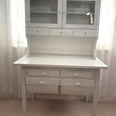Vintage White Hoosier-Style Kitchen Cabinet with Enamel Top & Crackle Finish