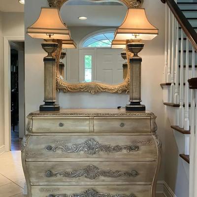 Schnadig Bombe Chest, Large Wall Mirror, and 2 Heavy Lamps