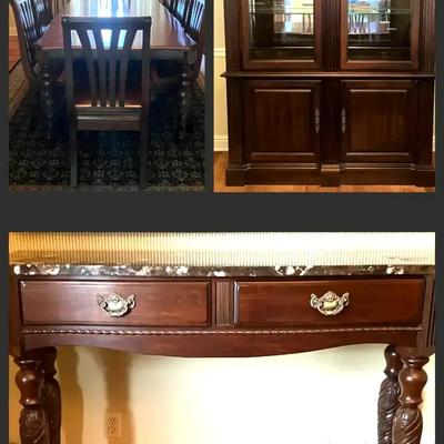 Kincaid Dining Table and 8 Chairs with Carved Wood Legs, Marble Top Sideboard, and China Cabinet 