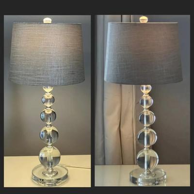 Pair of Crystal Ball Table Lamps with Gray Lamp Shades