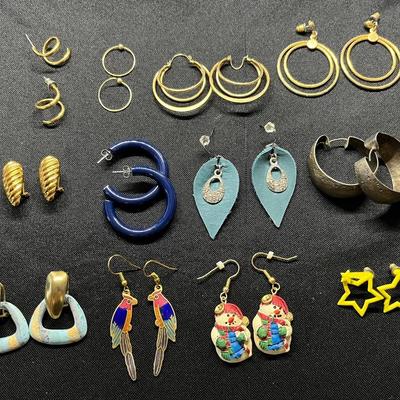 Earrings Galore! Hoops, Dangle, Gold Tone, Parrot, Snowman, Stars - 12 Pairs