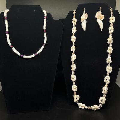 Puka Shell Necklace, Long Shell Necklace & Shell Dangle Earrings