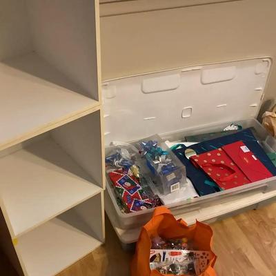 Christmas Holiday Wrapping Supplies - Ribbon Bows Etc with 2 Clear Totes & 3 12x12 White Cubes