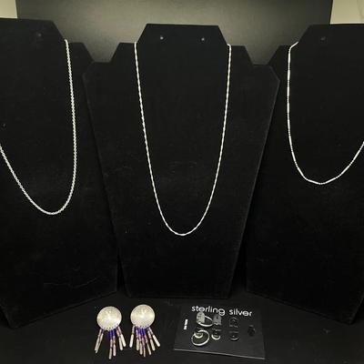 3 Sterling Silver Chains, Sterling Silver Hoops + Native American Earrings