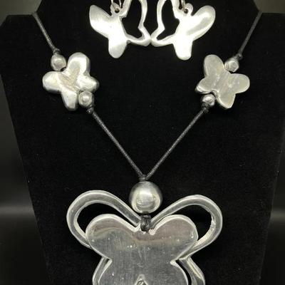 Statement Butterfly Necklace and Earrings - Silver Tone