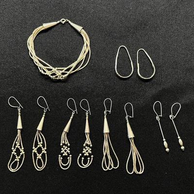Multi-Strand Beaded Bracelet + 5 pair Silver Tone Dangle Earrings