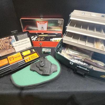 Gun Cleaning Equipment:  Viper 22 Remington Cartridges, Tackle Box, Pistol Holster