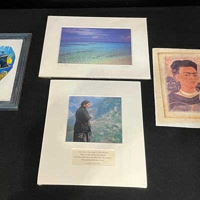 Framed 3ALAM Painted Feather, Jeff At Sea print, Tibet’s Diaspora print, Frido Kahlo Self Portrait 
