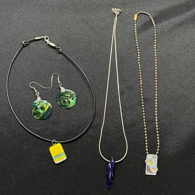 3 - Glass Pendant Necklaces, Green Round Dangle Earrings