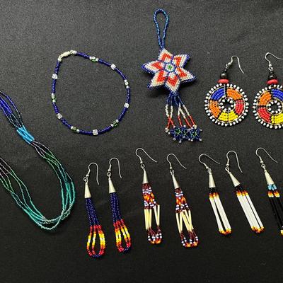 Blue & Green Beaded Multi-Strand Necklace & Choker, 5 Pair Dangling Beaded Earrings, Beaded Ornament