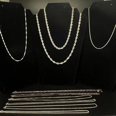 8 - 925 Sterling Silver Chains - Rope, Twisted, Paperclip, Figaro + Lady Remington Silver Tone Chain