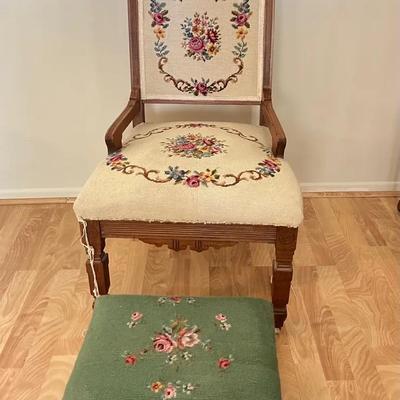 Accent Chair and Footstool with Needlepoint Upholstery, Victorian