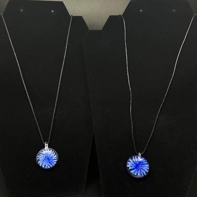 2 Glass Blue Flower Pendants on Black Adjustable Cord