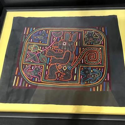 Colorful Hand Stitched Textile in Black Frame 19”x22”