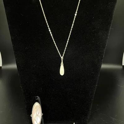White Teardrop Pendant Necklace, Oval Floral Ring, Rose Crystal Pendant w/Green Stone, Silver Tone