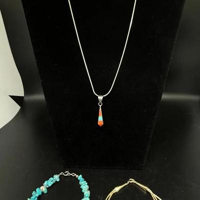 Native American Pendant Sterling Silver Necklace & 2 Bracelets, Turquiose, Gold Tone