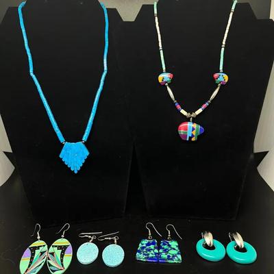 Native American Necklaces and Earrings, Turquoise, Silver Tone, 6 Pieces