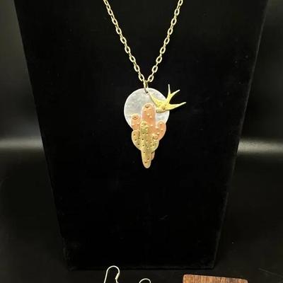 Southwest Jewelry - Pendant Necklace, Dangle Earrings, Round Stud Earrings, Cactus, 1 PairSterling