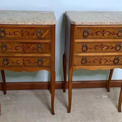 Inlaid Wood Nightstands w/Stone Tops