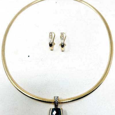 14K Gold Choker with Black Stone and 14K J Hoop Earrings
