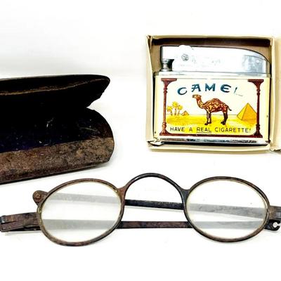 (2) Vintage Camel Lighter in Original Box and Antique Spectacles