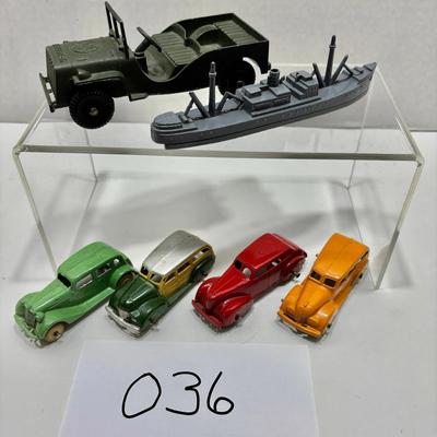 (6)  Tootsie Toy Vintage Cars, Army Jeep and Navy Frigate