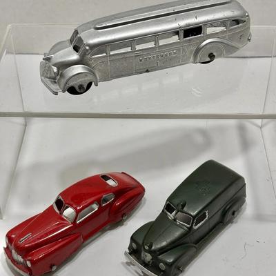 (3) Tootsie Toy Die Cast Bus, Coupe and Ambulance