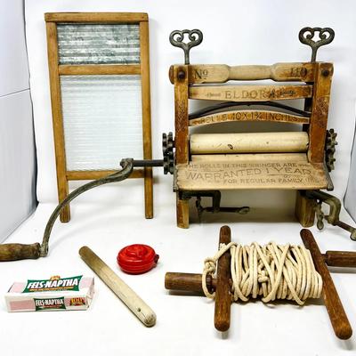(5) Antique Eldora Wood Clothes Ringer, Wash board and More.