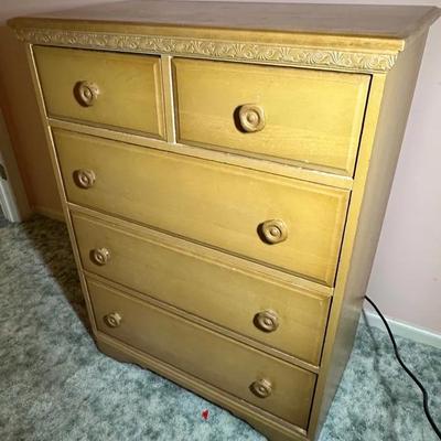 Tan Wooden Dresser with Painted Inside Drawers