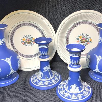 Wedgwood Blue Jasperware Footed Vases, Candlesticks & Bowls