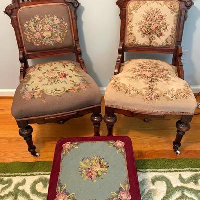 Pair Of Antique Victorian Eastlake Upholstered Parlor Chairs & Foot Stool