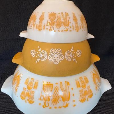 Three Vintage Pyrex Mixing Bowls-Butterfly Gold & Pumpkin Butter Print 