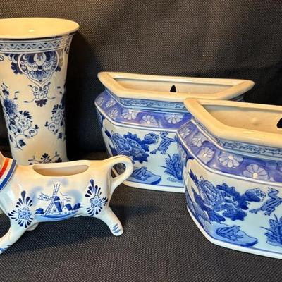 Delft Holland Vases, Cow Creamer, 2 Blue/White Wall Pocket Vase