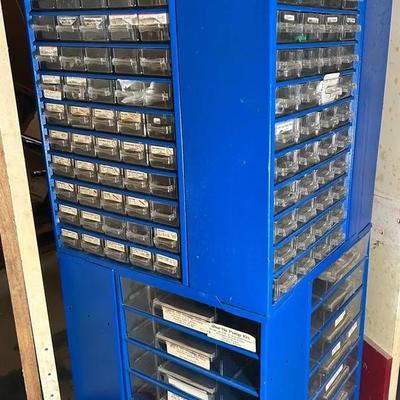 Revolving Parts And Fastener Storage Cabinet With Contents 