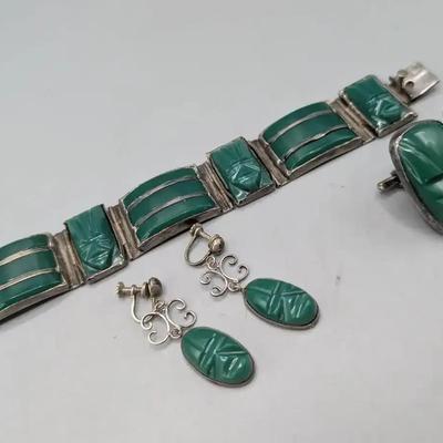 Mexican Sterling Silver & Green Onyx Jewelry Set