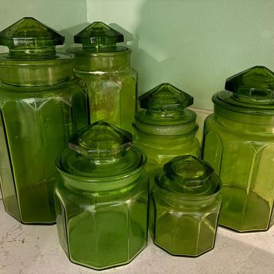 Vintage Green Glass Canister Set & More