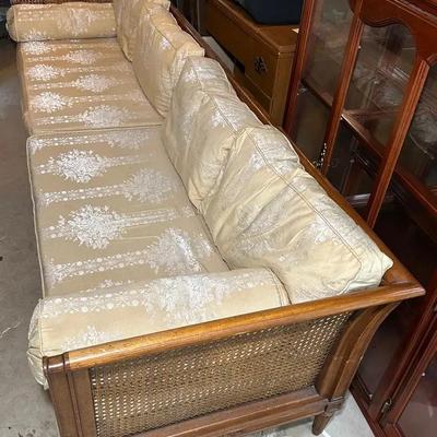 Mid-Century Sofa - Wood Frame with Caned Sides And Back - Loose Cushions 