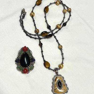 HST268- Designer Carolyn Pollack 925 Silver Tigers Eye Jasper Necklace & Pendant 