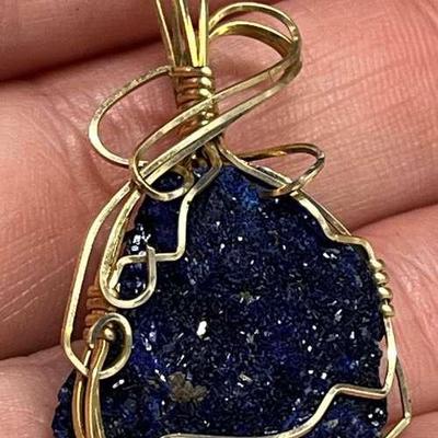 HST245- Beautiful Natural Blue Stone Pendant W/ 10k Gold Wire