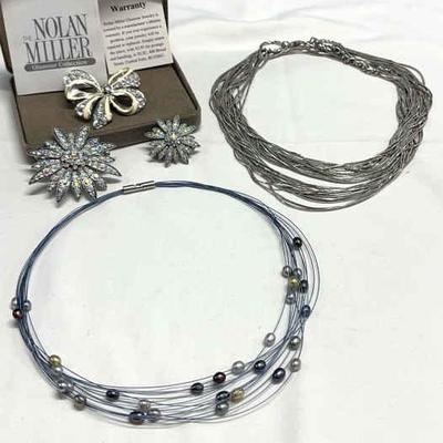 HST278- Nolan Miller &Swarovski Crystal Broaches/ Honora Fresh water Pearl & Silver Colored Necklace