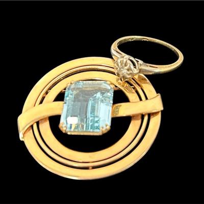 14k Blue Topaz Brooch & Diamond Wedding Ring (10.43g)
