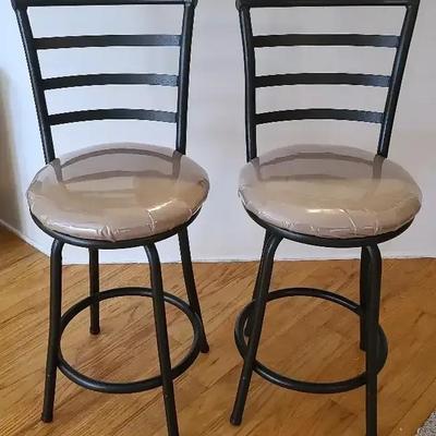 Pair of Metal Barstools with Upholstered Seats